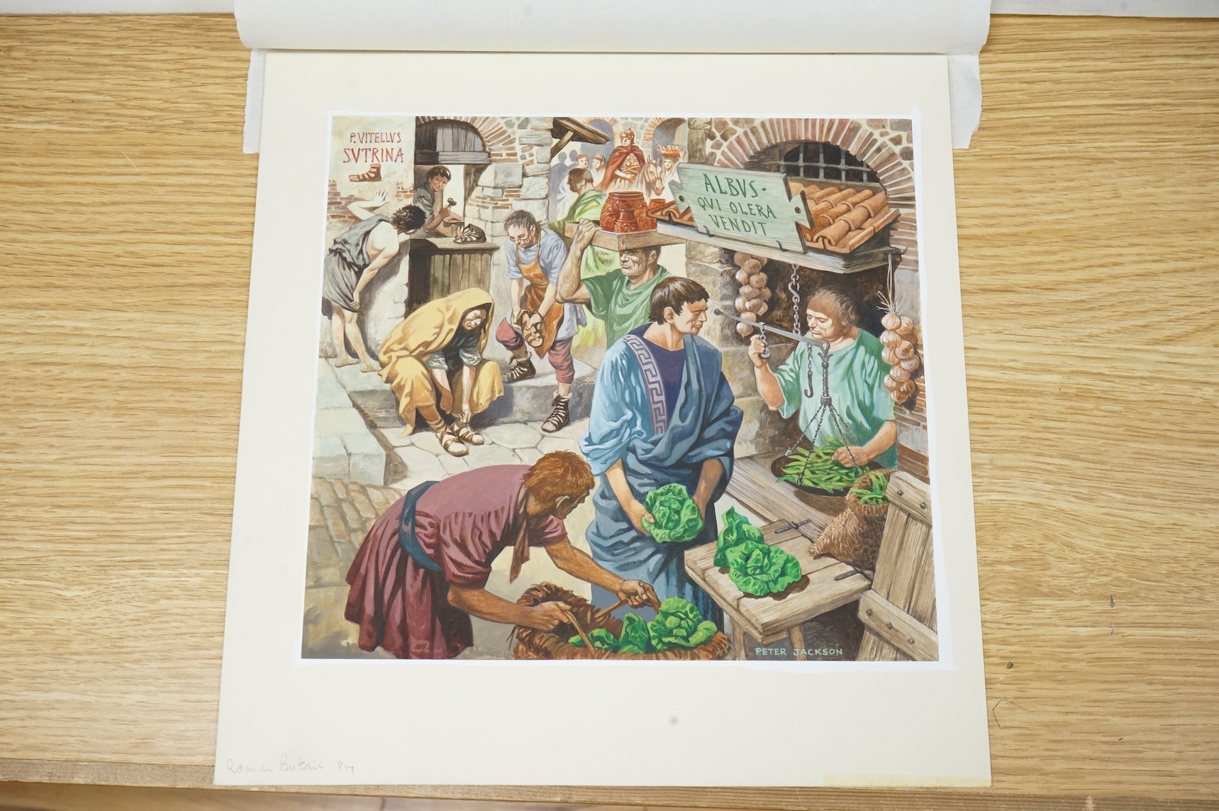 Peter Jackson (1922-2003), Illustrations from 'One day in Roman Britain' to include Portrait studies, Roman wall and Roman Baths, six watercolours, largest 34 x 71cm, unframed, together with two copies of the original bo